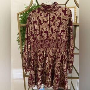 NEW Venus wine and gold tiered short dress high neck front keyhole size 14